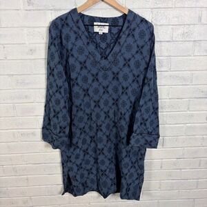 Swildens Shift Dress Womens 42 US 10 Blue Floral Eyelet V-Neck Cotton